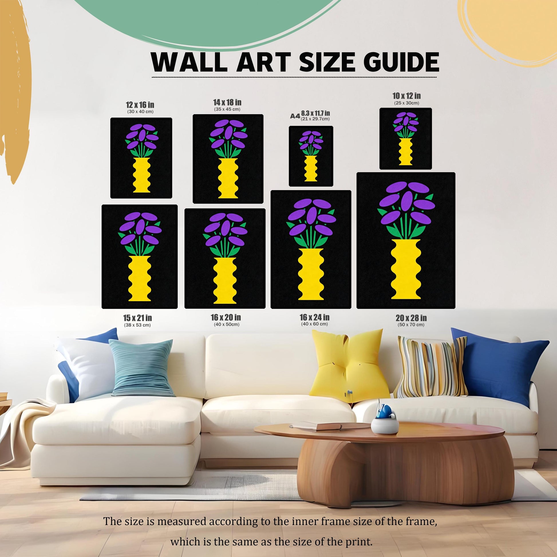 Wall Art Size Guide graphic. The same artwork is shown in eight different sizes placed above a sofa in a living room setting, illustrating how the print sizes look in context: 12x16 in, 14x18 in, A4 (8.3x11.7 in), 10x12 in, 15x21 in, 16x20 in, 16x24 in, and 20x28 in.