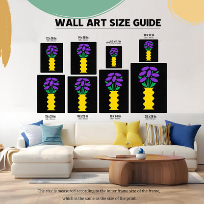 Wall Art Size Guide graphic. The same artwork is shown in eight different sizes placed above a sofa in a living room setting, illustrating how the print sizes look in context: 12x16 in, 14x18 in, A4 (8.3x11.7 in), 10x12 in, 15x21 in, 16x20 in, 16x24 in, and 20x28 in.