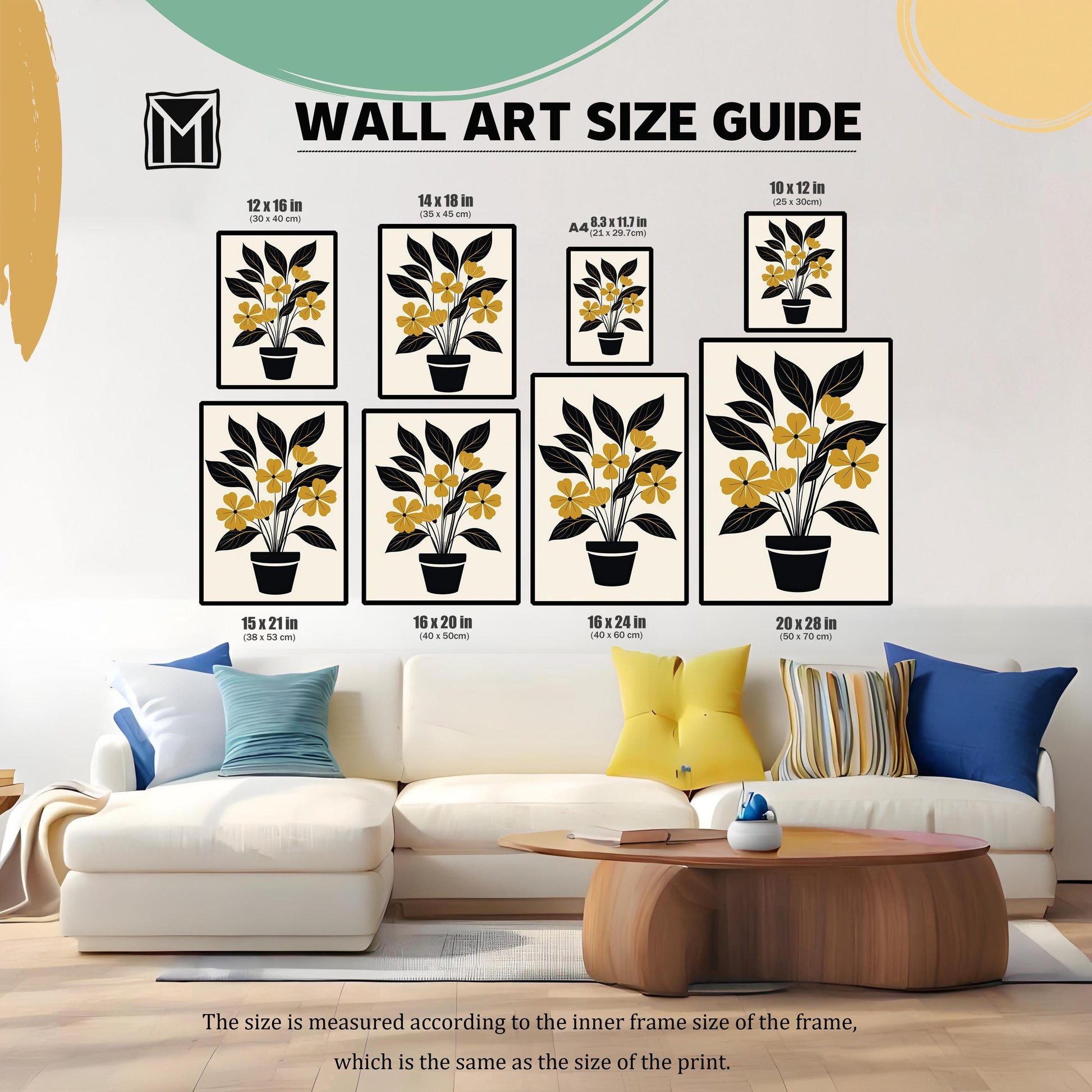 Wall Art Size Guide showing the framed yellow and black floral print in various sizes, including: 12×16 in, 14×18 in, A4 (8.3×11.7 in), 10×12 in, 15×21 in, 16×20 in, 16×24 in, and 20×28 in. The prints are shown above a sofa for scale.