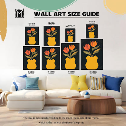 Wall art size guide showing various framed dimensions of the orange tulip and yellow vase print in a living room setting, displayed above a white couch. Sizes include 12x16, 14x18, A4, 10x12, 15x21, 16x20, 16x24, and 20x28 inches.
