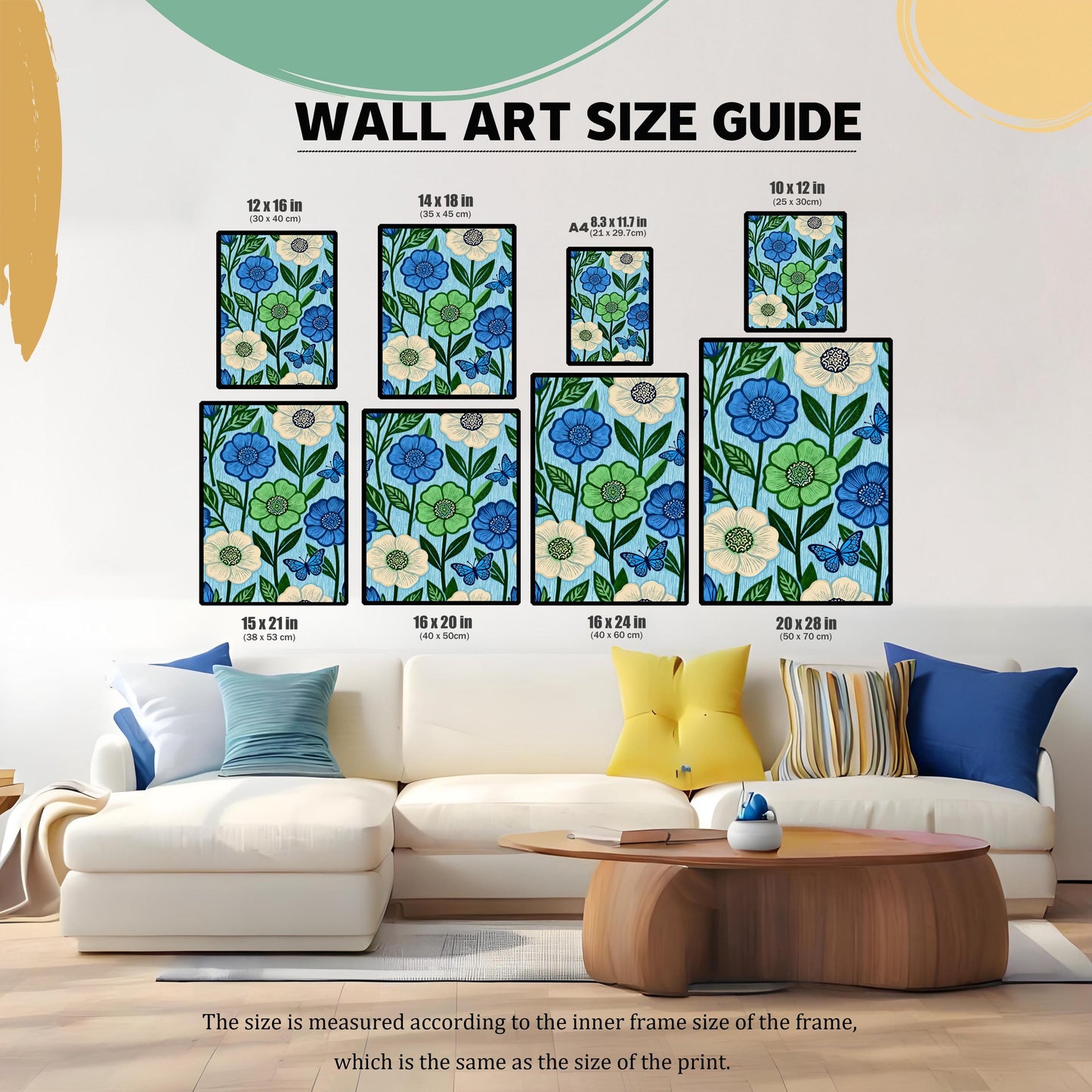 Wall Art Size Guide graphic. The blue and green floral pattern artwork is shown in eight different sizes placed above a sofa in a living room, illustrating how the print sizes look in context: 12x16 in, 14x18 in, A4 (8.3x11.7 in), 10x12 in, 15x21 in, 16x20 in, 16x24 in, and 20x28 in.