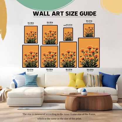 Wall Art Size Guide showing eight different print sizes (e.g., 12×16 in, A4, 20×28 in) positioned above a white couch and coffee table for scale. The artwork is an orange floral design. Note at bottom states size is measured according to the inner frame size.