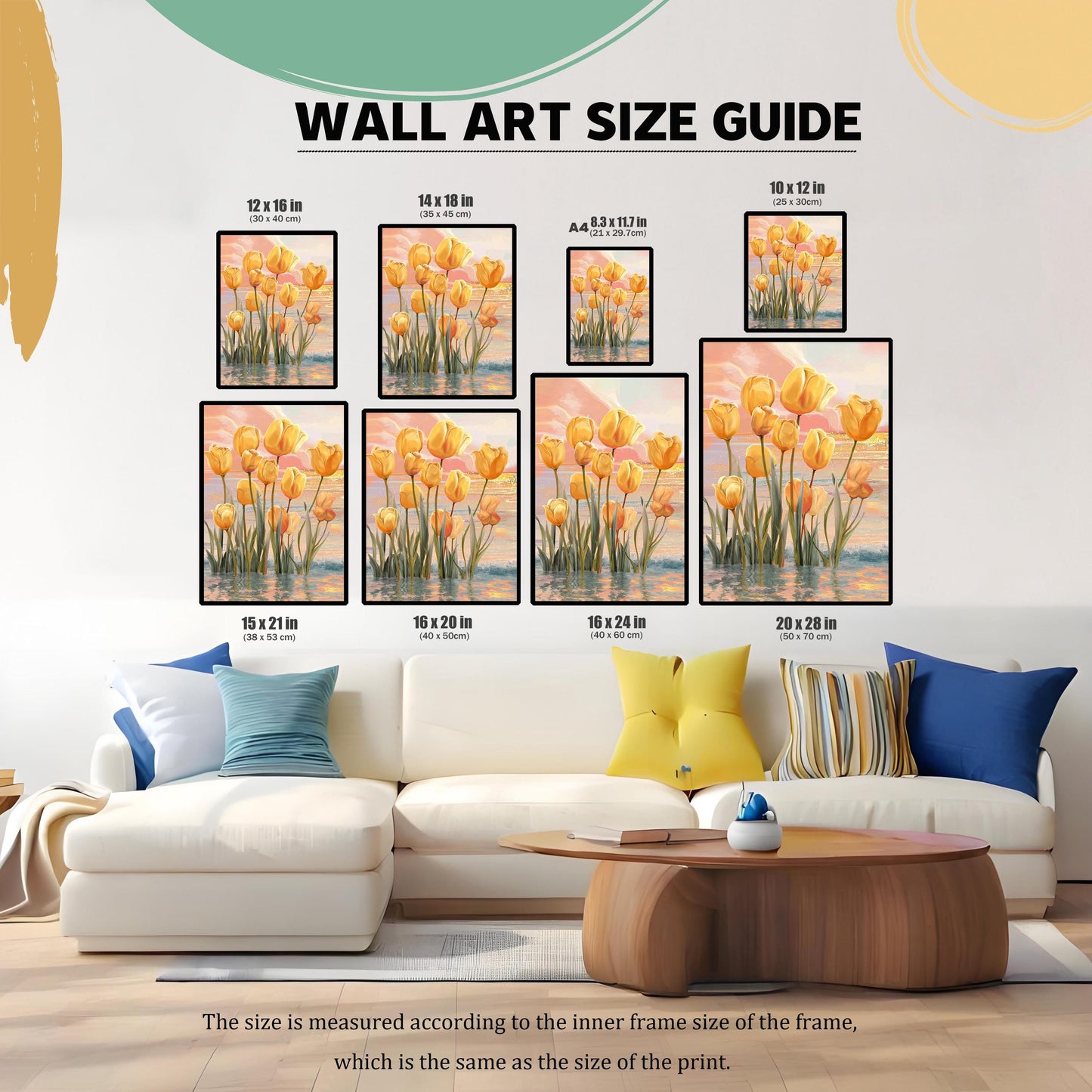 Wall Art Size Guide showing eight different print sizes (e.g., 12×16 in, A4, 20×28 in) positioned above a white sectional couch and coffee table for scale. The artwork is a vibrant print of yellow tulips in water at sunset. Note at bottom states size is measured according to the inner frame size.