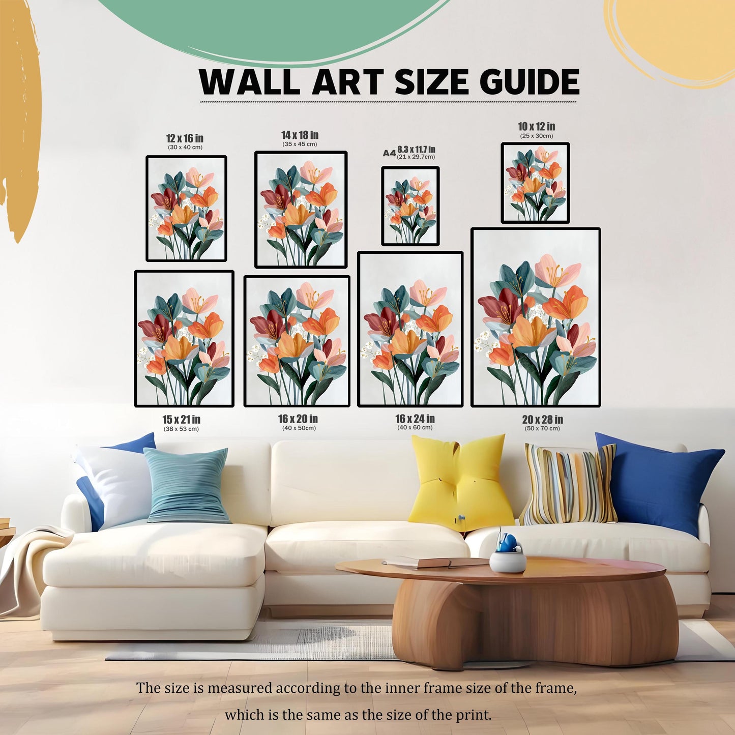 Wall Art Size Guide showing eight different framed print sizes (from 10x12 in to 20x28 in) displayed above a white sofa in a living room setting, illustrating how the various sizes look in a home environment.