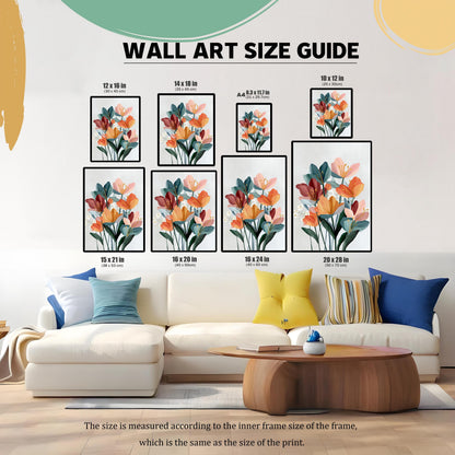 Wall Art Size Guide showing eight different framed print sizes (from 10x12 in to 20x28 in) displayed above a white sofa in a living room setting, illustrating how the various sizes look in a home environment.