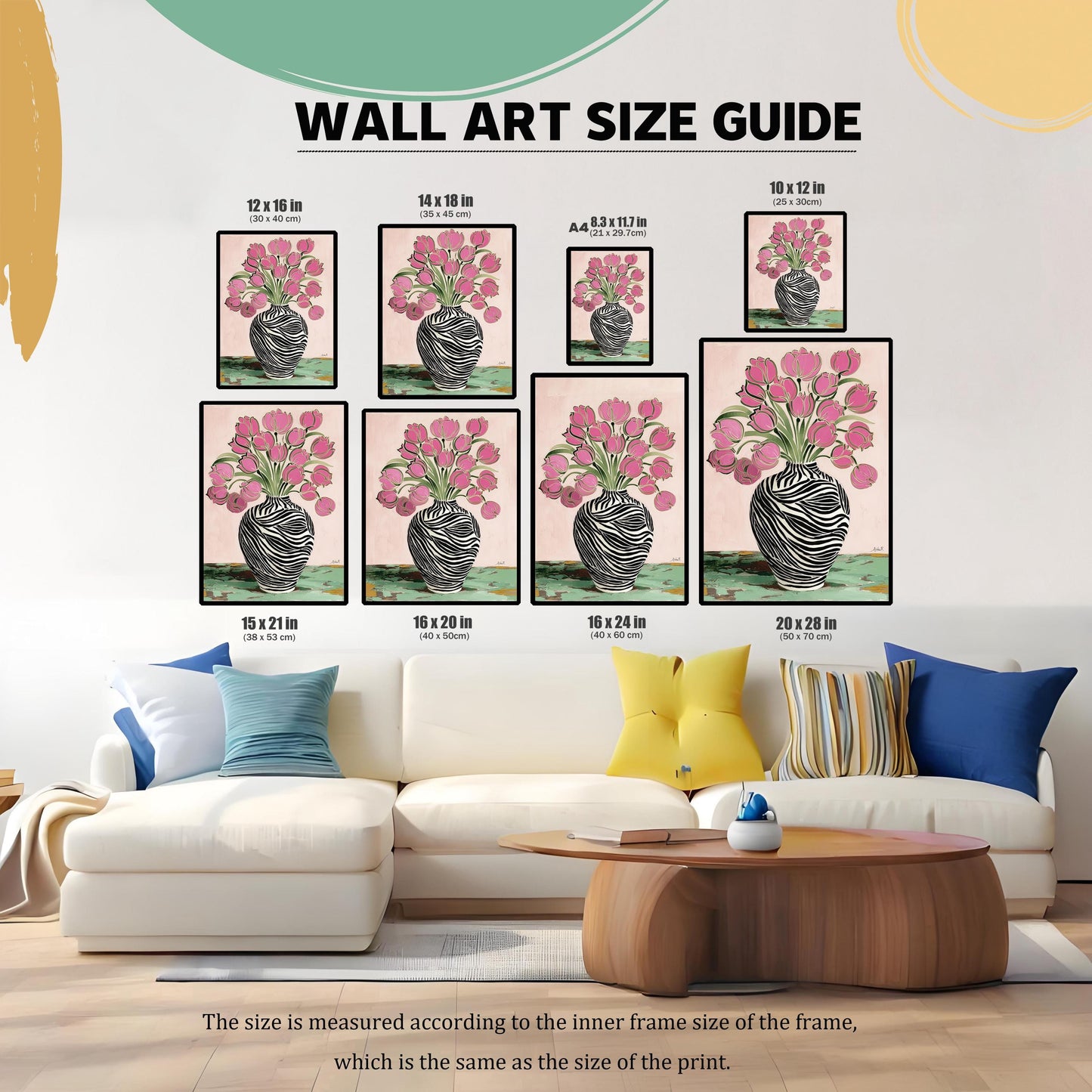 Wall Art Size Guide displaying eight different framed print sizes (from 10x12 in to 20x28 in) of the Zebra Vase and Pink Tulips print, positioned above a white sofa in a living room, illustrating various dimensions.