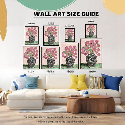 Wall Art Size Guide displaying eight different framed print sizes (from 10x12 in to 20x28 in) of the Zebra Vase and Pink Tulips print, positioned above a white sofa in a living room, illustrating various dimensions.