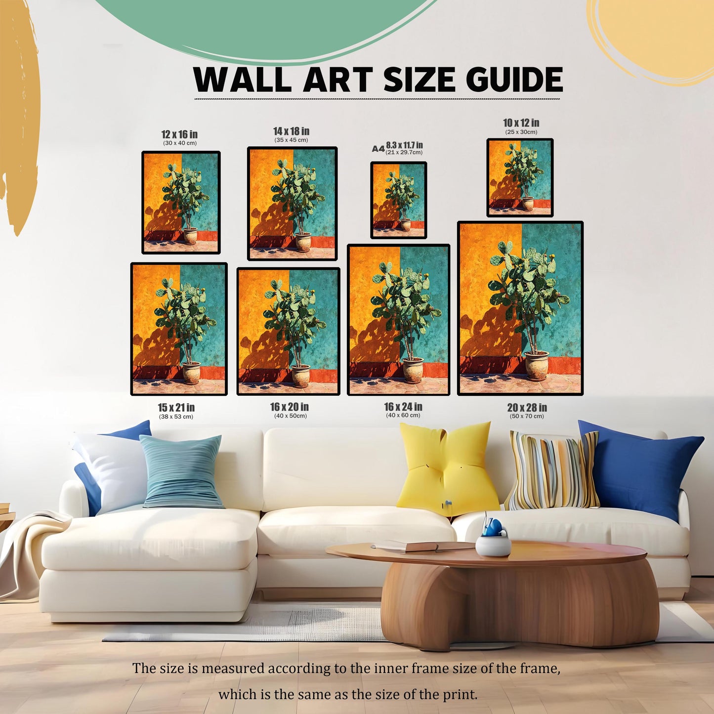 A WALL ART SIZE GUIDE graphic showing the cactus print in various sizes, including 12x16 in, 14x18 in, A4, 10x12 in, 15x21 in, 16x20 in, 16x24 in, and 20x28 in, displayed above a white sectional couch.
