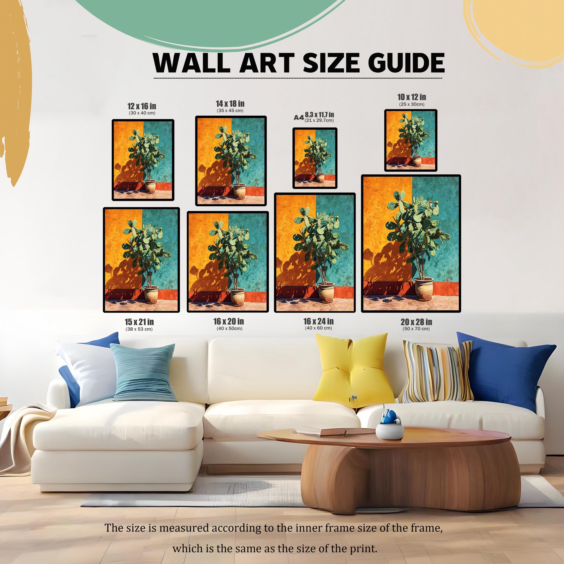 A WALL ART SIZE GUIDE graphic showing the cactus print in various sizes, including 12x16 in, 14x18 in, A4, 10x12 in, 15x21 in, 16x20 in, 16x24 in, and 20x28 in, displayed above a white sectional couch.