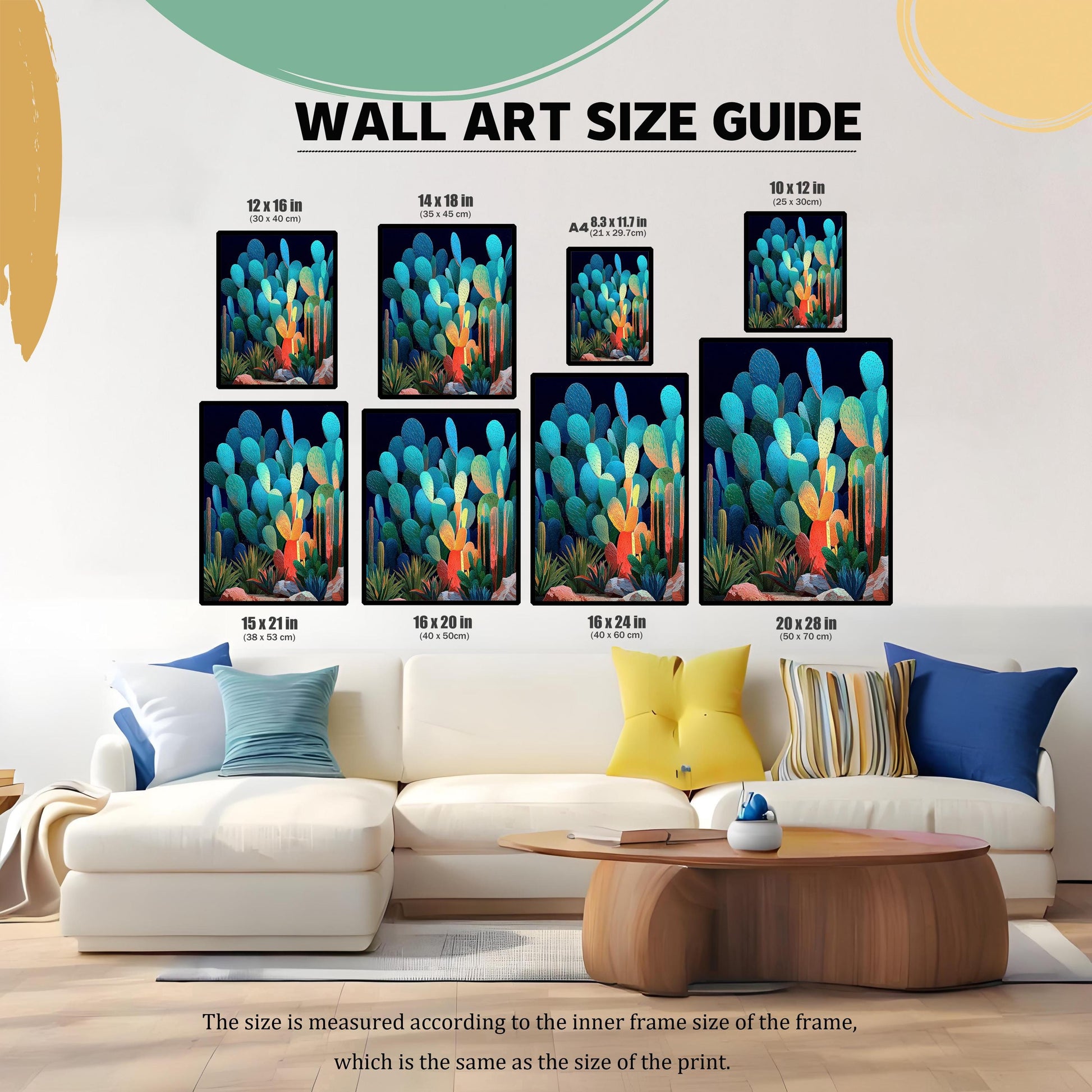 Wall art size guide showing seven different sizes of the framed cacti art print above a white couch, providing scale. The sizes are 12x16 in, 14x18 in, A4, 10x12 in, 15x21 in, 16x20 in, 16x24 in, and 20x28 in.
