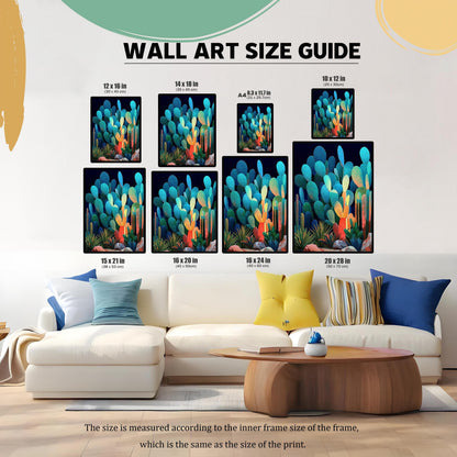 Wall art size guide showing seven different sizes of the framed cacti art print above a white couch, providing scale. The sizes are 12x16 in, 14x18 in, A4, 10x12 in, 15x21 in, 16x20 in, 16x24 in, and 20x28 in.