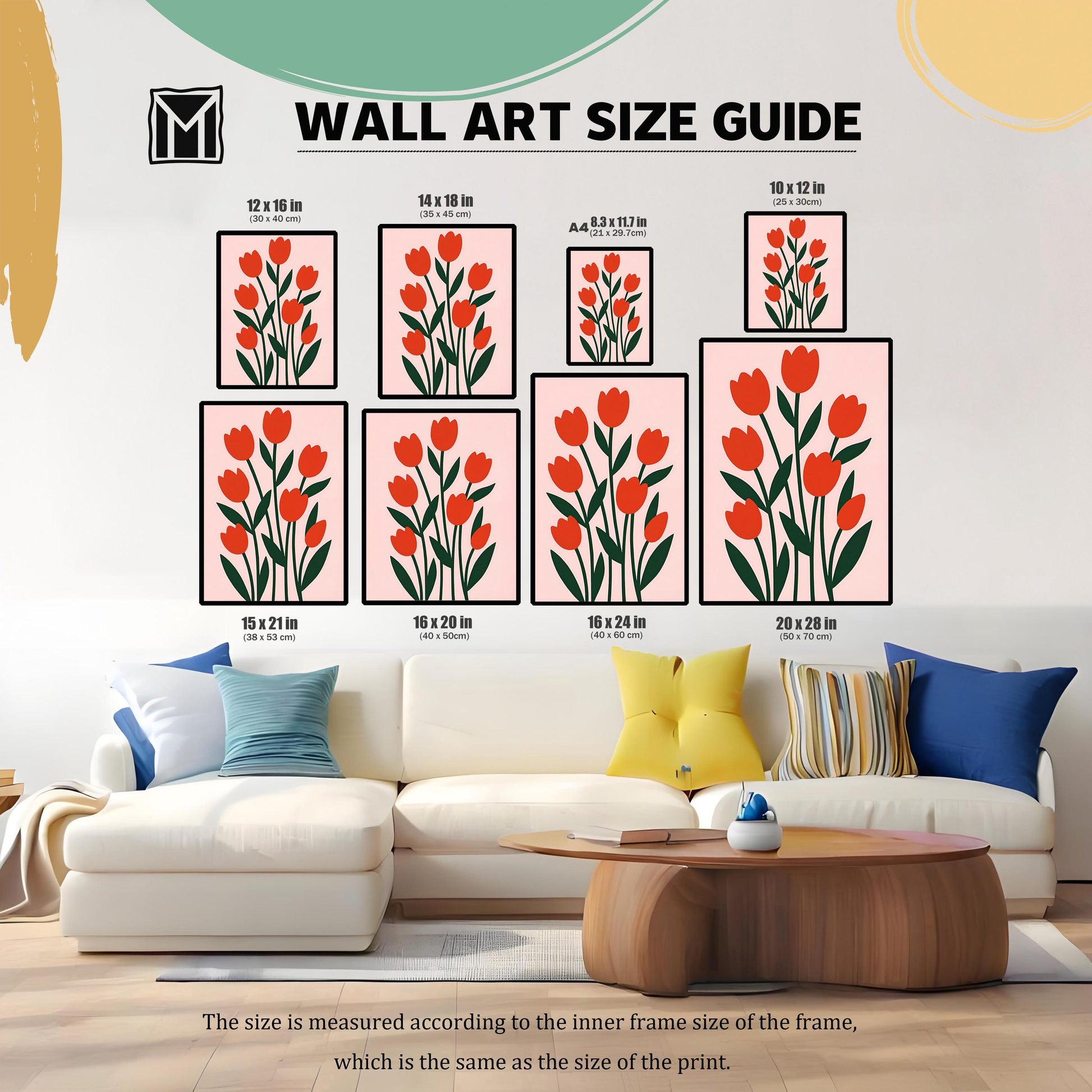 A "WALL ART SIZE GUIDE" graphic shows the red tulip print in eight different sizes (e.g., 12x16 in, 20x28 in) arranged above a large white sectional sofa.