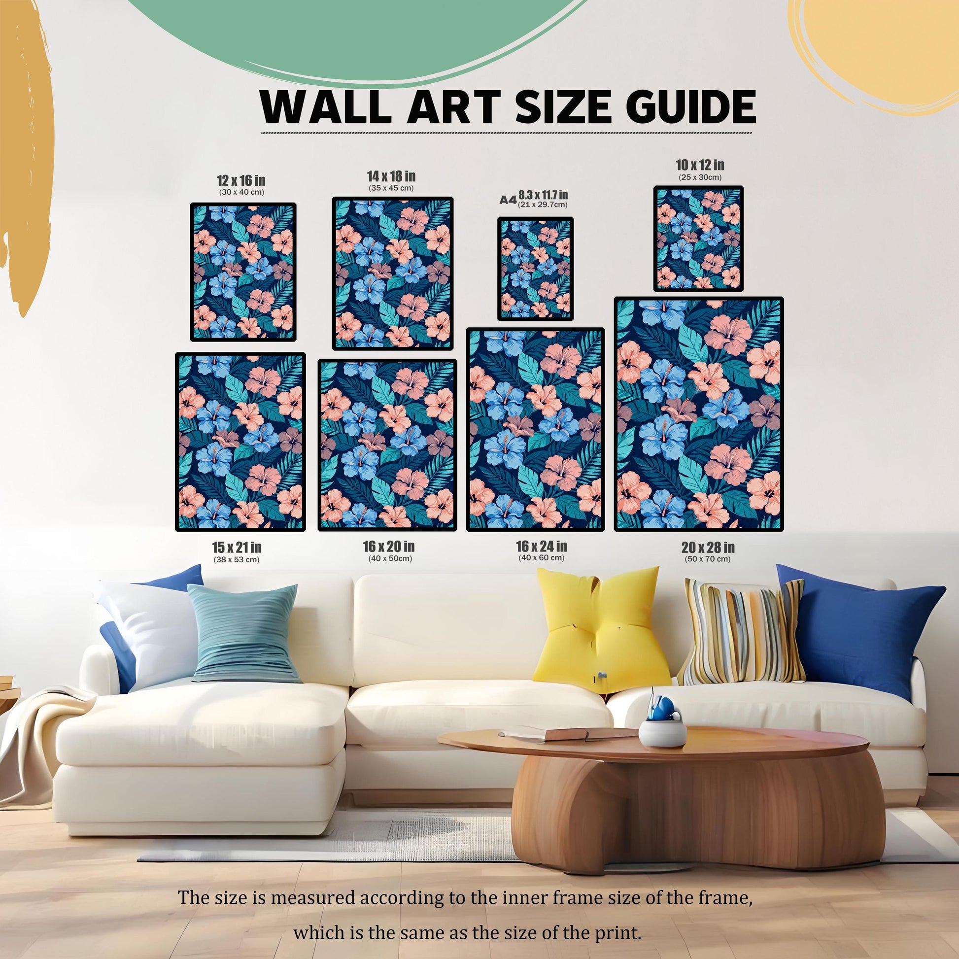 Wall art size guide showing various framed print dimensions (10x12, 12x16, 14x18, A4, 15x21, 16x20, 16x24, 20x28 inches) featuring the hibiscus art, displayed above a white sofa for scale.