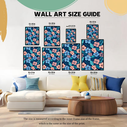 Wall art size guide showing various framed print dimensions (10x12, 12x16, 14x18, A4, 15x21, 16x20, 16x24, 20x28 inches) featuring the hibiscus art, displayed above a white sofa for scale.