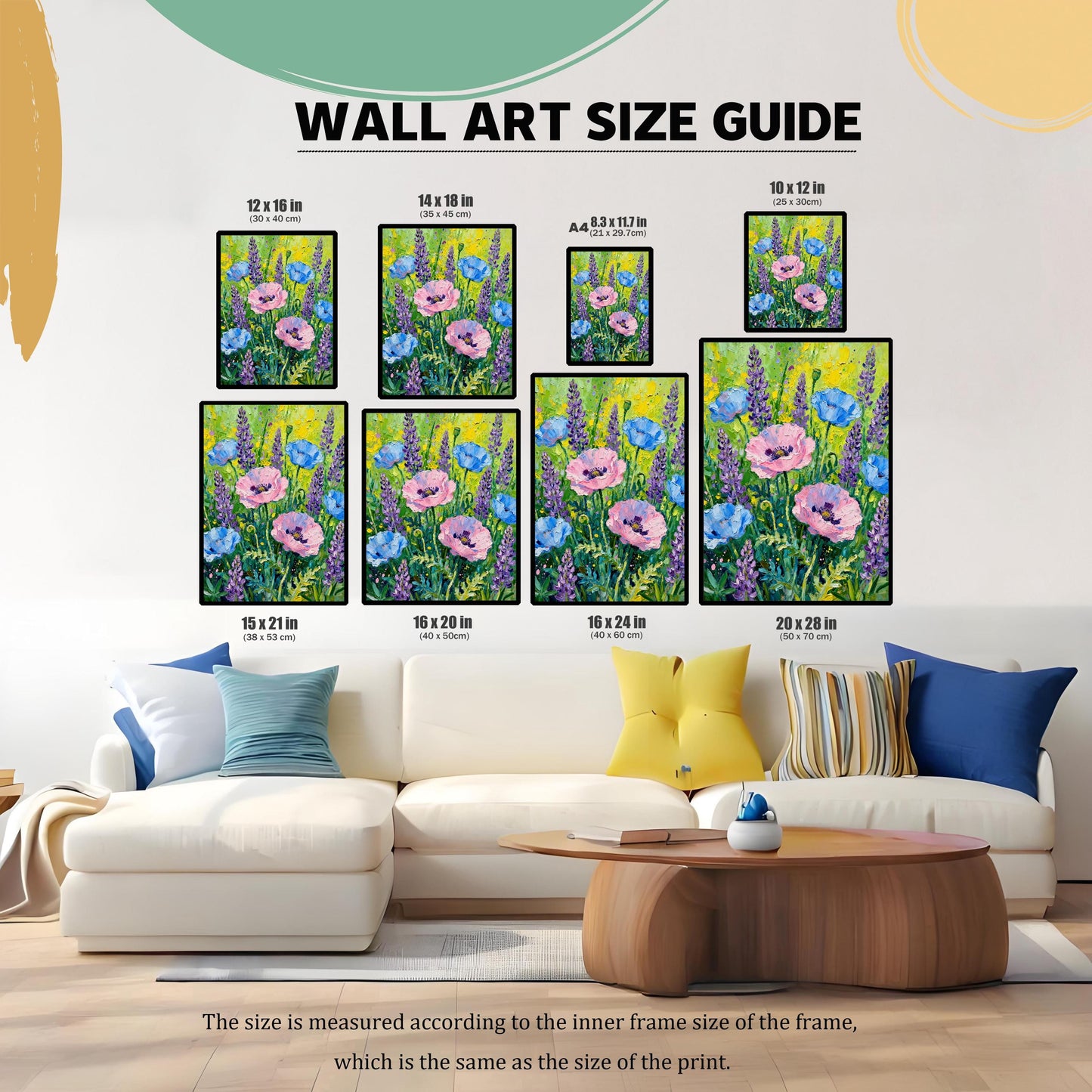 Wall Art Size Guide graphic, showing different print sizes (e.g., 12x16 in, 16x20 in, 20x28 in, A4) of the poppy and lavender print displayed above a white sofa. This image helps visualize the print's size relative to furniture.