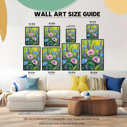 Wall Art Size Guide graphic, showing different print sizes (e.g., 12x16 in, 16x20 in, 20x28 in, A4) of the poppy and lavender print displayed above a white sofa. This image helps visualize the print's size relative to furniture.