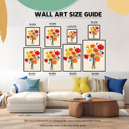Wall Art Size Guide graphic, showing different print sizes (e.g., 12x16 in, 16x20 in, 20x28 in, A4) of the red, yellow, and orange bouquet print displayed above a white sofa.