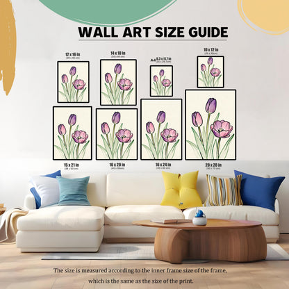 Wall Art Size Guide graphic. The tulip art print is shown in eight different sizes: 12x16, 14x18, A4 (8.3x11.7), 10x12, 15x21, 16x20, 16x24, and 20x28 inches. The prints are displayed above a couch to show a scale comparison.