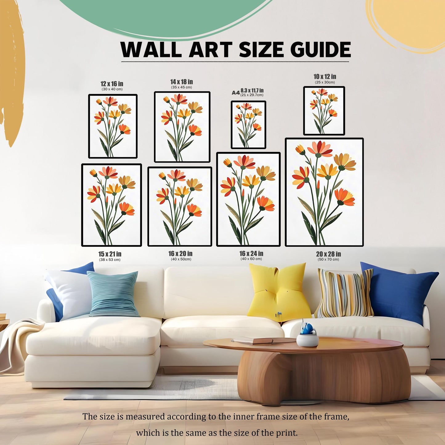 Wall Art Size Guide graphic. The floral art print is shown in eight different sizes: 12x16, 14x18, A4 (8.3x11.7), 10x12, 15x21, 16x20, 16x24, and 20x28 inches. The prints are displayed above a couch to show a scale comparison.