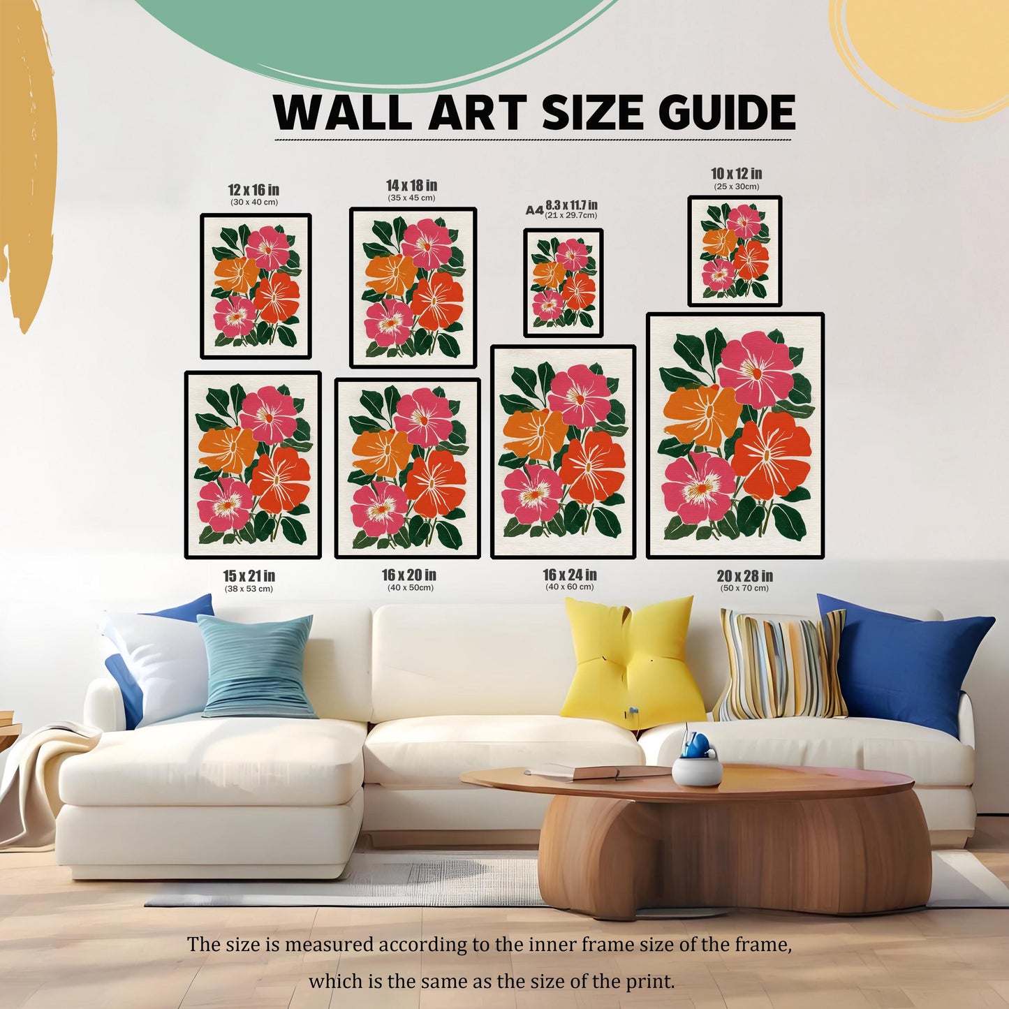 A wall art size guide showing nine different sizes of the framed botanical print arranged over a large, L-shaped white sofa and coffee table. Sizes are listed in inches and centimeters: 12x16, 14x18, A4 (8.3x11.7), 10x12, 15x21, 16x20, 16x24, and 20x28. A caption reads: "The size is measured according to the inner frame size of the frame, which is the same as the size of the print."