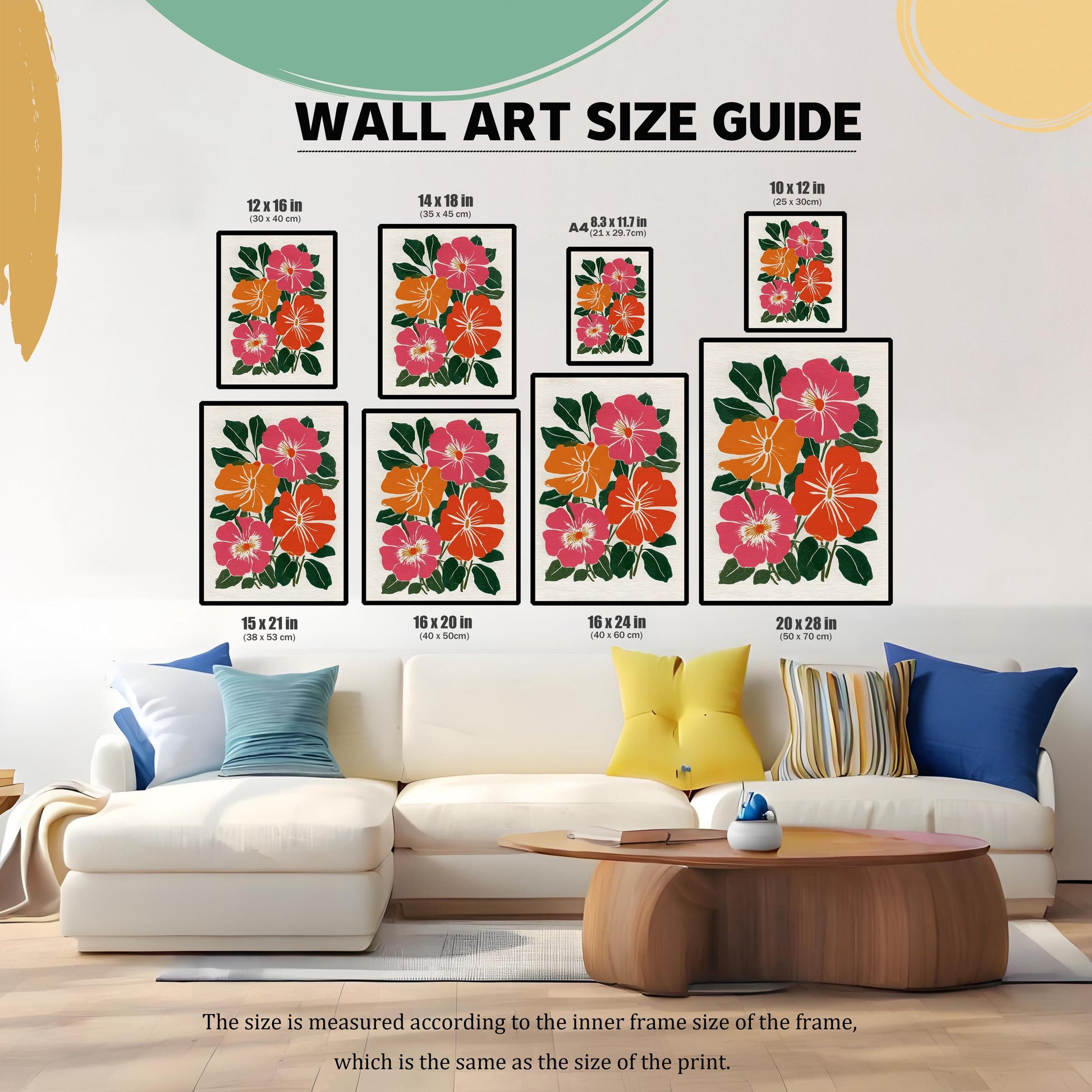 A wall art size guide showing nine different sizes of the framed botanical print arranged over a large, L-shaped white sofa and coffee table. Sizes are listed in inches and centimeters: 12x16, 14x18, A4 (8.3x11.7), 10x12, 15x21, 16x20, 16x24, and 20x28. A caption reads: "The size is measured according to the inner frame size of the frame, which is the same as the size of the print."