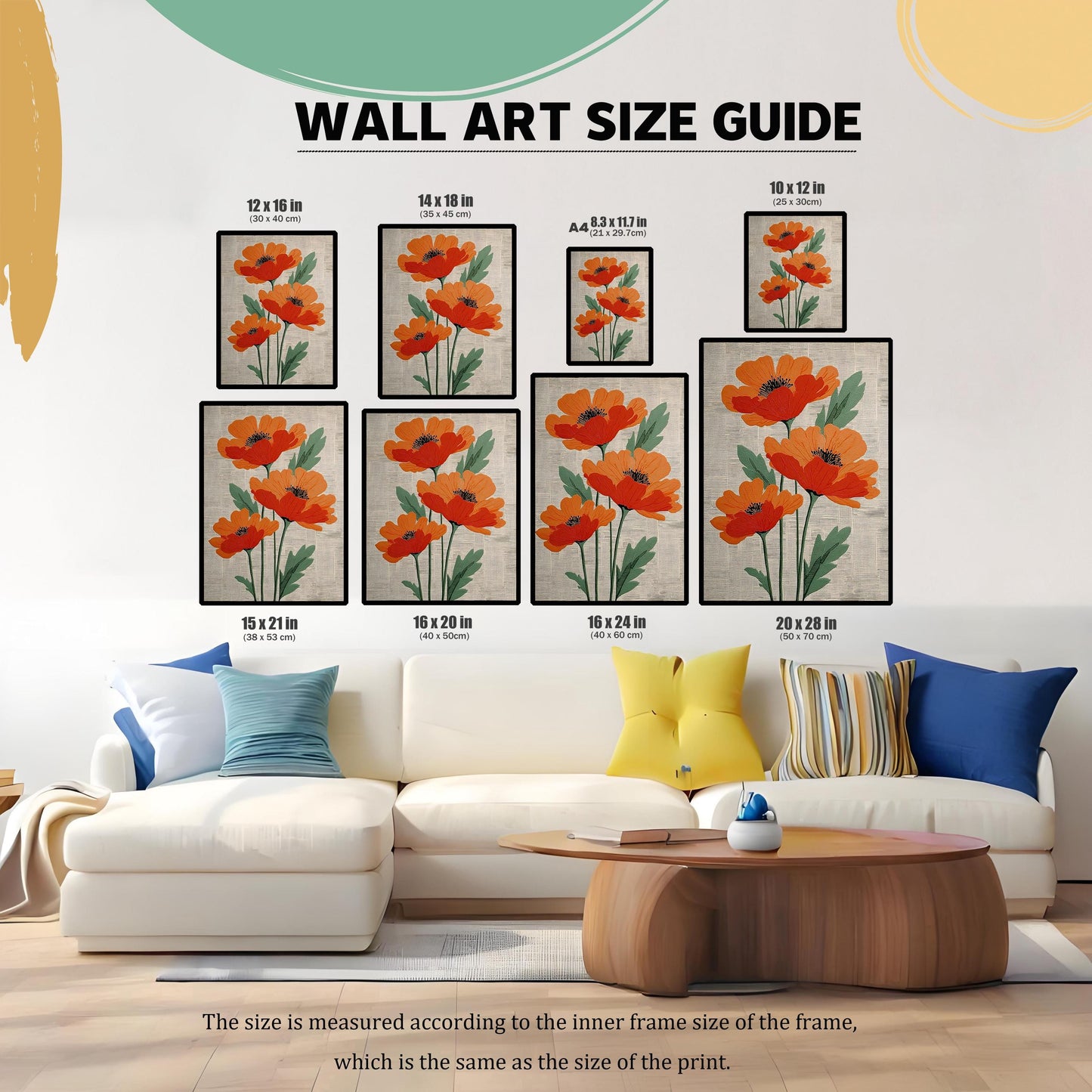 Wall Art Size Guide showing eight different sizes of the framed poppy print (12x16 in, 14x18 in, A4, 10x12 in, 15x21 in, 16x20 in, 16x24 in, 20x28 in) arranged above a large, light-colored sectional sofa for scale. Text at the bottom clarifies the size is measured according to the inner frame size, which is the same as the size of the print.