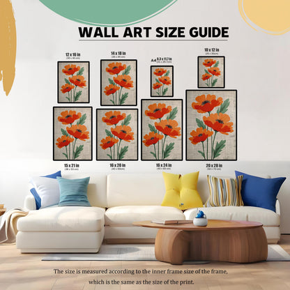 Wall Art Size Guide showing eight different sizes of the framed poppy print (12x16 in, 14x18 in, A4, 10x12 in, 15x21 in, 16x20 in, 16x24 in, 20x28 in) arranged above a large, light-colored sectional sofa for scale. Text at the bottom clarifies the size is measured according to the inner frame size, which is the same as the size of the print.