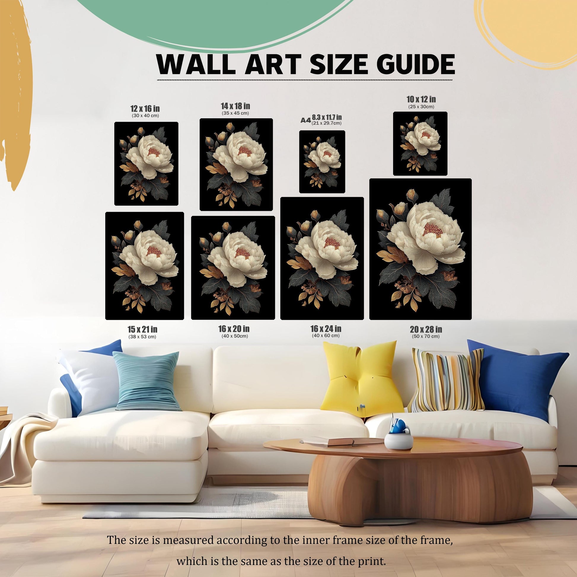 Wall Art Size Guide showing eight different sizes of the framed print (12x16 in, 14x18 in, A4, 10x12 in, 15x21 in, 16x20 in, 16x24 in, 20x28 in) arranged above a large, light-colored sectional sofa in a living room setting for scale. Text at the bottom clarifies the size is measured according to the inner frame size, which is the same as the size of the print.
