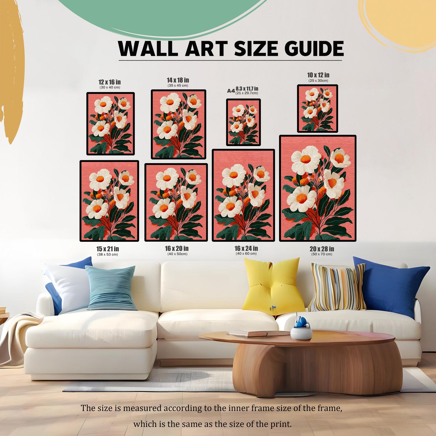 A Wall Art Size Guide graphic showing eight different framed print sizes displayed above a white sofa. Available sizes include: 12×16 in, 14×18 in, 8.3×11.7 in (A4), 10×12 in, 15×21 in, 16×20 in, 16×24 in, and 20×28 in. The text notes that the size is measured according to the inner frame size, which is the same as the size of the print.