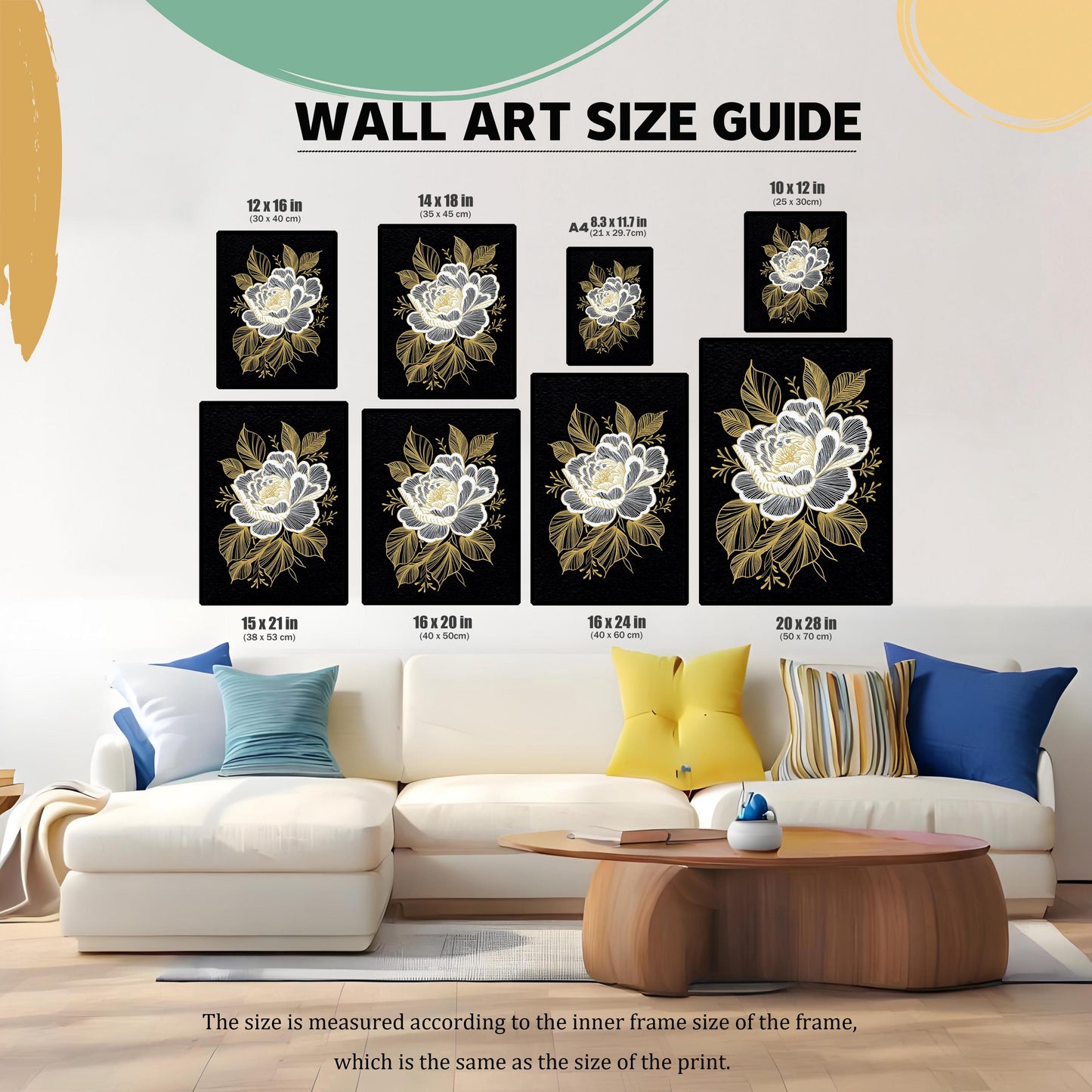 A WALL ART SIZE GUIDE showing the floral print in eight different sizes, displayed above a white sofa with colorful pillows to illustrate scale. Sizes range from A4 (8.3 x 11.7 in) up to 20 x 28 in (50 x 70 cm).
