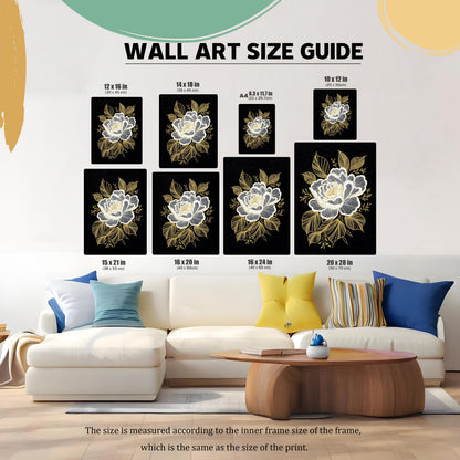 A WALL ART SIZE GUIDE showing the floral print in eight different sizes, displayed above a white sofa with colorful pillows to illustrate scale. Sizes range from A4 (8.3 x 11.7 in) up to 20 x 28 in (50 x 70 cm).