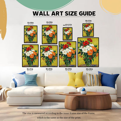 A wall art size guide displays a painting of red, white, and orange flowers in eight different sizes, from 8.3 x 11.7 to 20 x 28 inches, above a white sectional sofa.