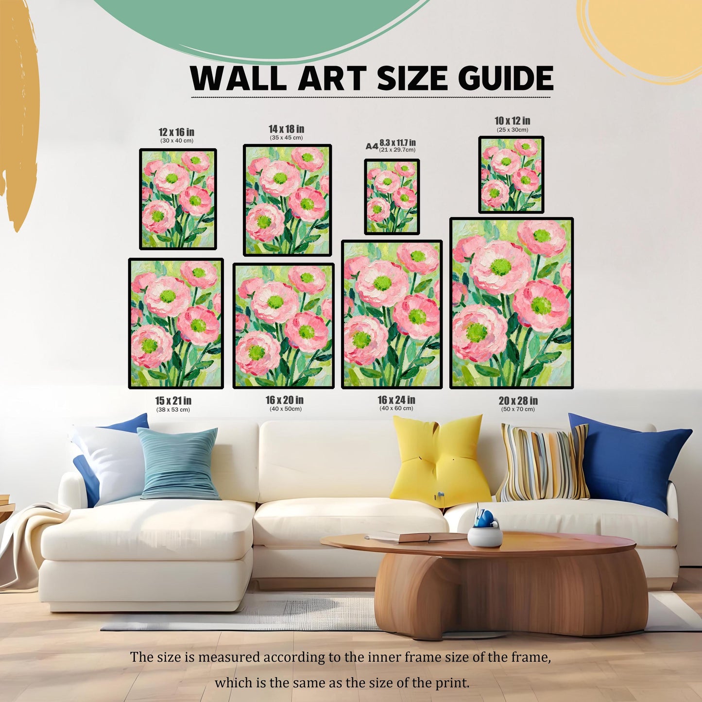 A size guide shows a painting of pink flowers in eight different sizes, from 8.3 x 11.7 to 20 x 28 inches, above a white sectional sofa.
