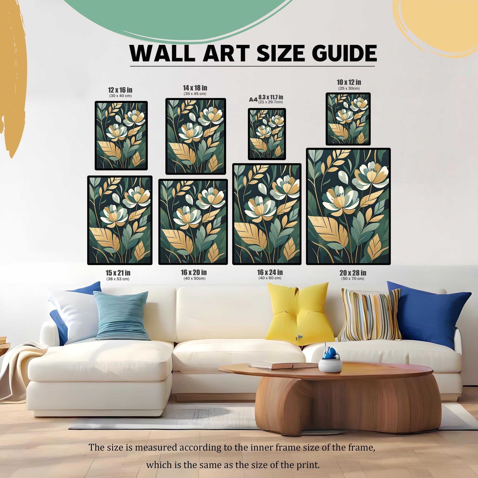 A wall art size guide showing various sizes of the white and gold flower print, from 10x12 inches to 20x28 inches, displayed above a white sofa.