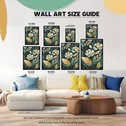 A wall art size guide showing various sizes of the white and gold flower print, from 10x12 inches to 20x28 inches, displayed above a white sofa.