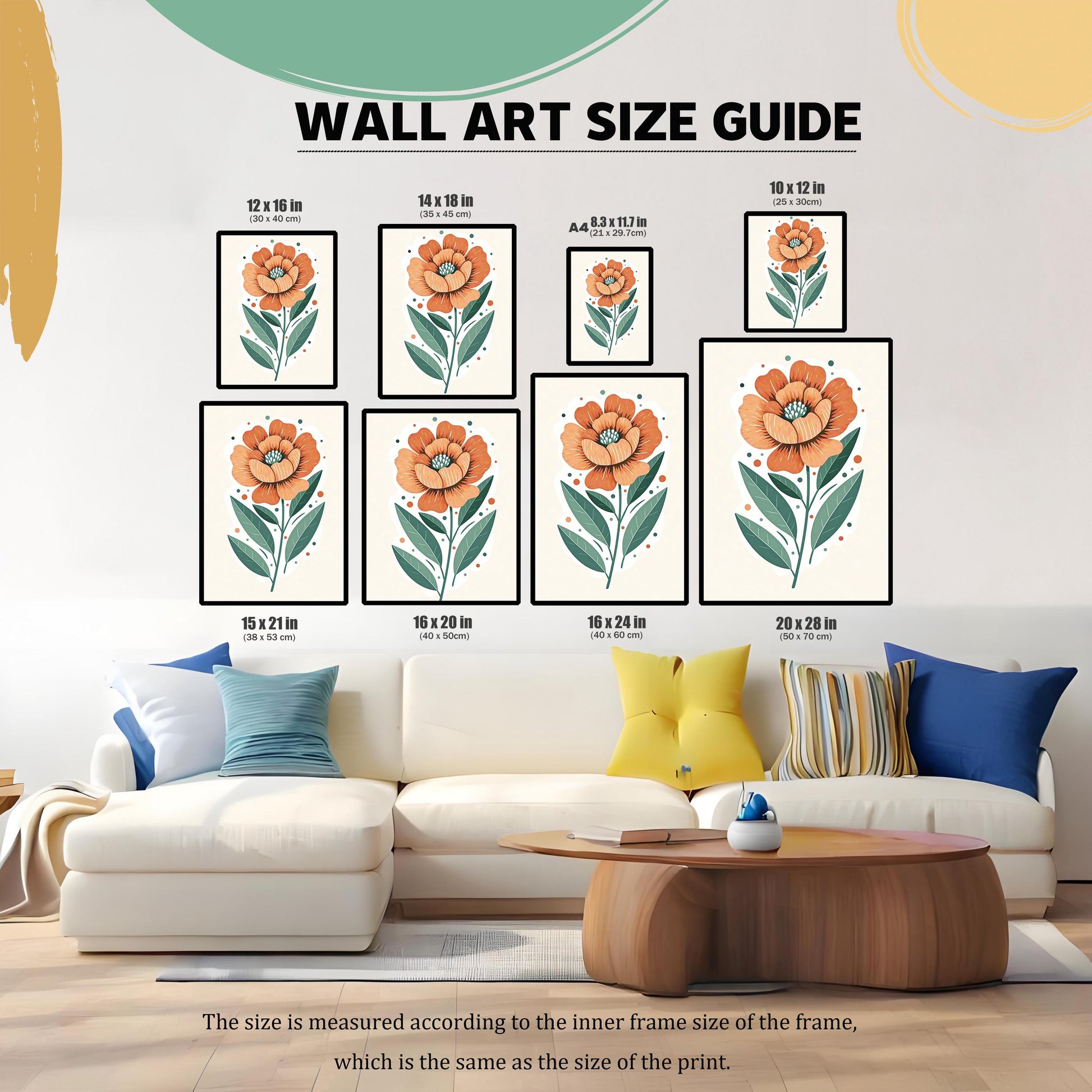 A wall art size guide showing various sizes of the orange flower print, from 10x12 inches to 20x28 inches, displayed above a white sofa.