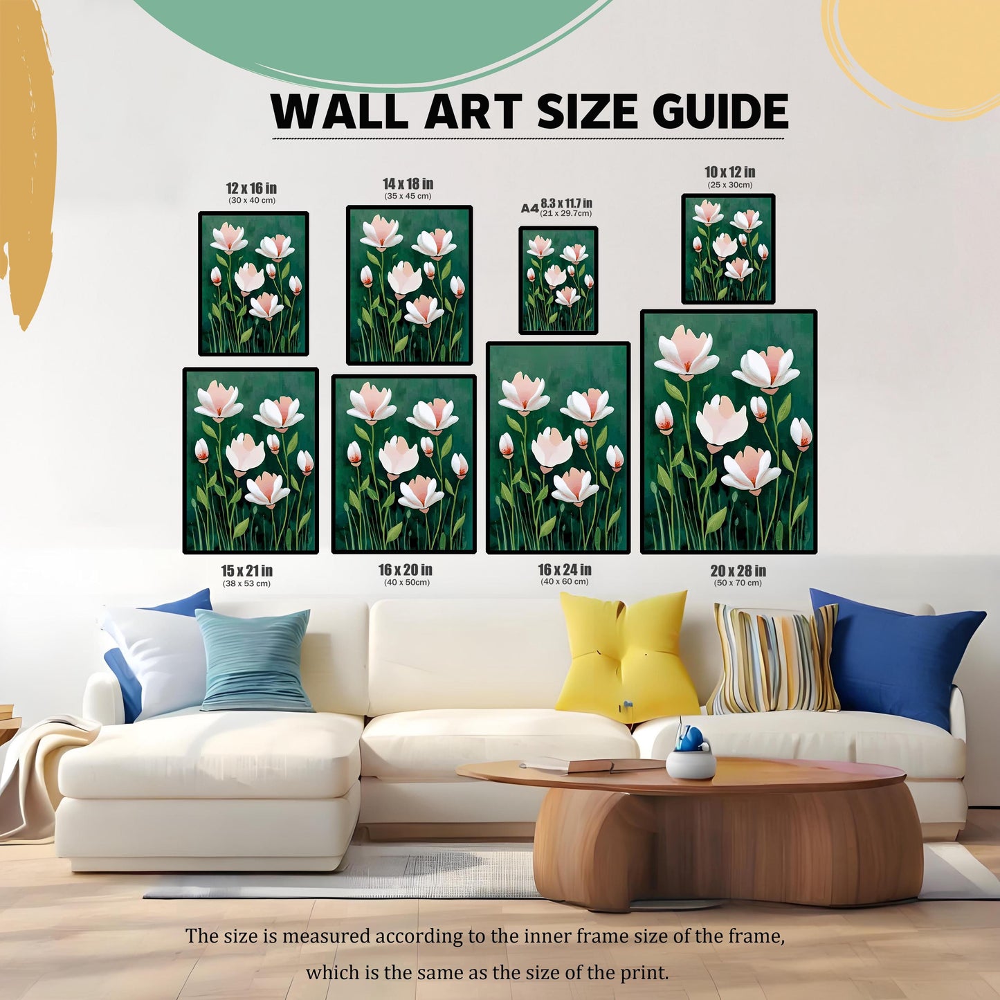 May include: A wall art size guide displays framed floral prints in various sizes, including 12 x 16 in, 14 x 18 in, and 20 x 28 in. The prints feature white and pink flowers against a dark green background. The text reads "WALL ART SIZE GUIDE".
