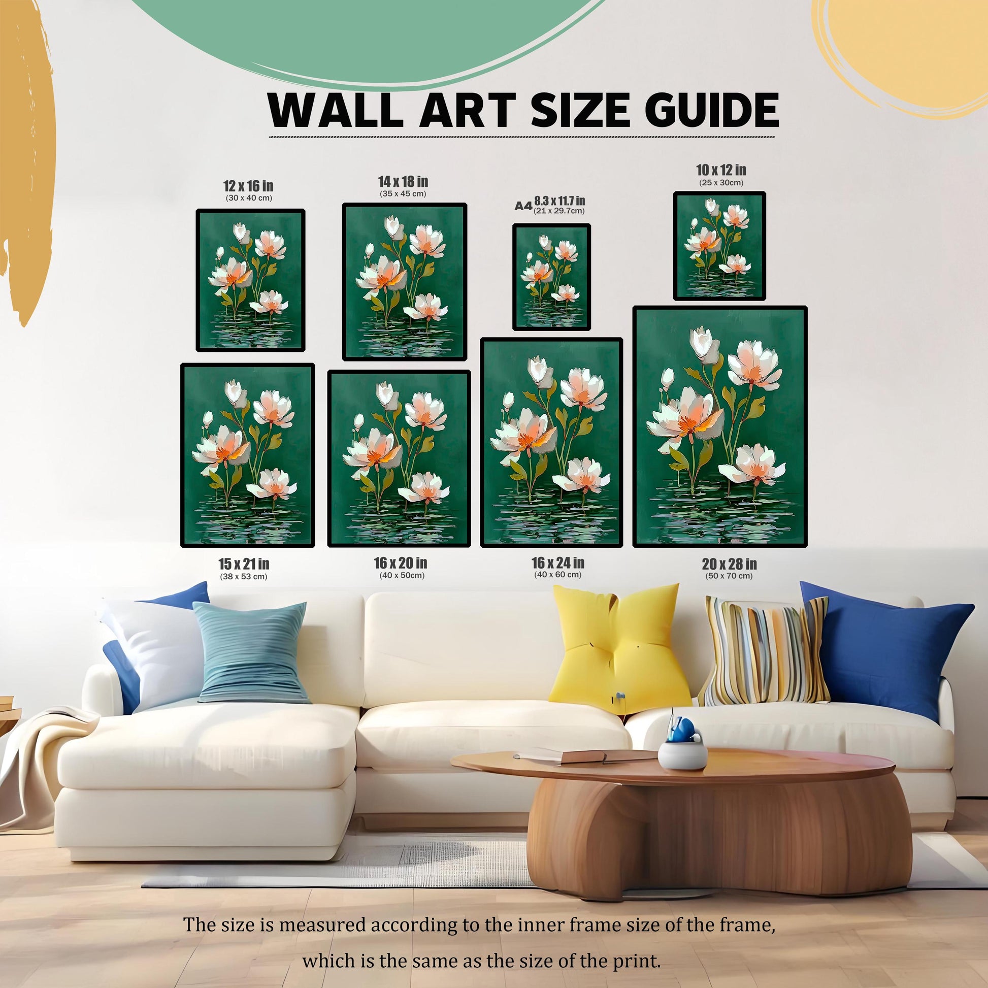 A Wall Art Size Guide graphic showing eight different sizes of the framed water lily print (12x16, 14x18, A4, 10x12, 15x21, 16x20, 16x24, 20x28 inches) displayed above a large white sofa with colorful pillows and a wooden coffee table.