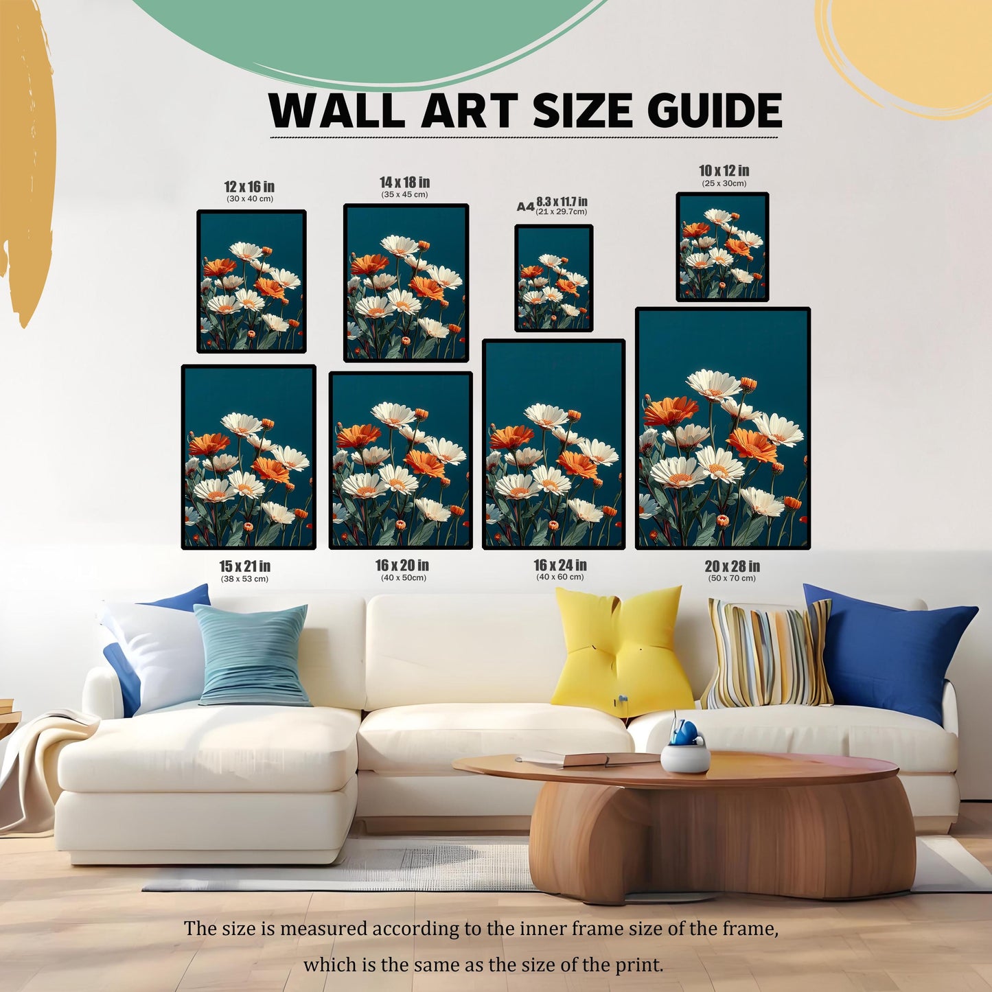 A Wall Art Size Guide graphic showing eight different sizes of the framed daisy print (12x16, 14x18, A4, 10x12, 15x21, 16x20, 16x24, 20x28 inches) displayed above a large white sofa with colorful pillows and a wooden coffee table.