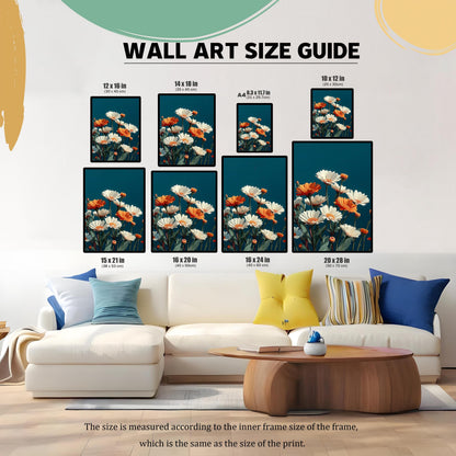 A Wall Art Size Guide graphic showing eight different sizes of the framed daisy print (12x16, 14x18, A4, 10x12, 15x21, 16x20, 16x24, 20x28 inches) displayed above a large white sofa with colorful pillows and a wooden coffee table.