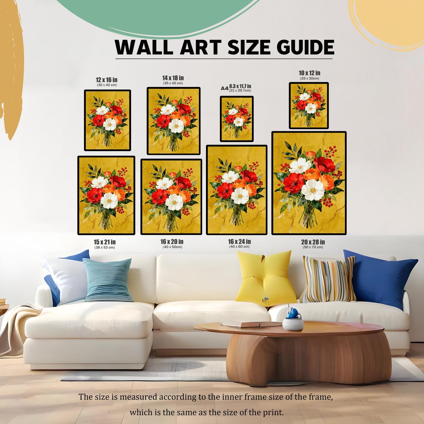 A wall art size guide displays a watercolor print of a floral bouquet in eight different sizes, from 8.3 x 11.7 to 20 x 28 inches, above a white sectional sofa.