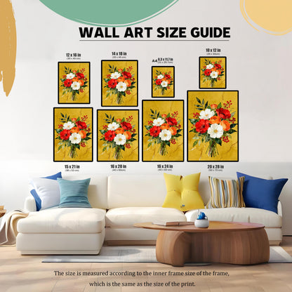 A wall art size guide displays a watercolor print of a floral bouquet in eight different sizes, from 8.3 x 11.7 to 20 x 28 inches, above a white sectional sofa.