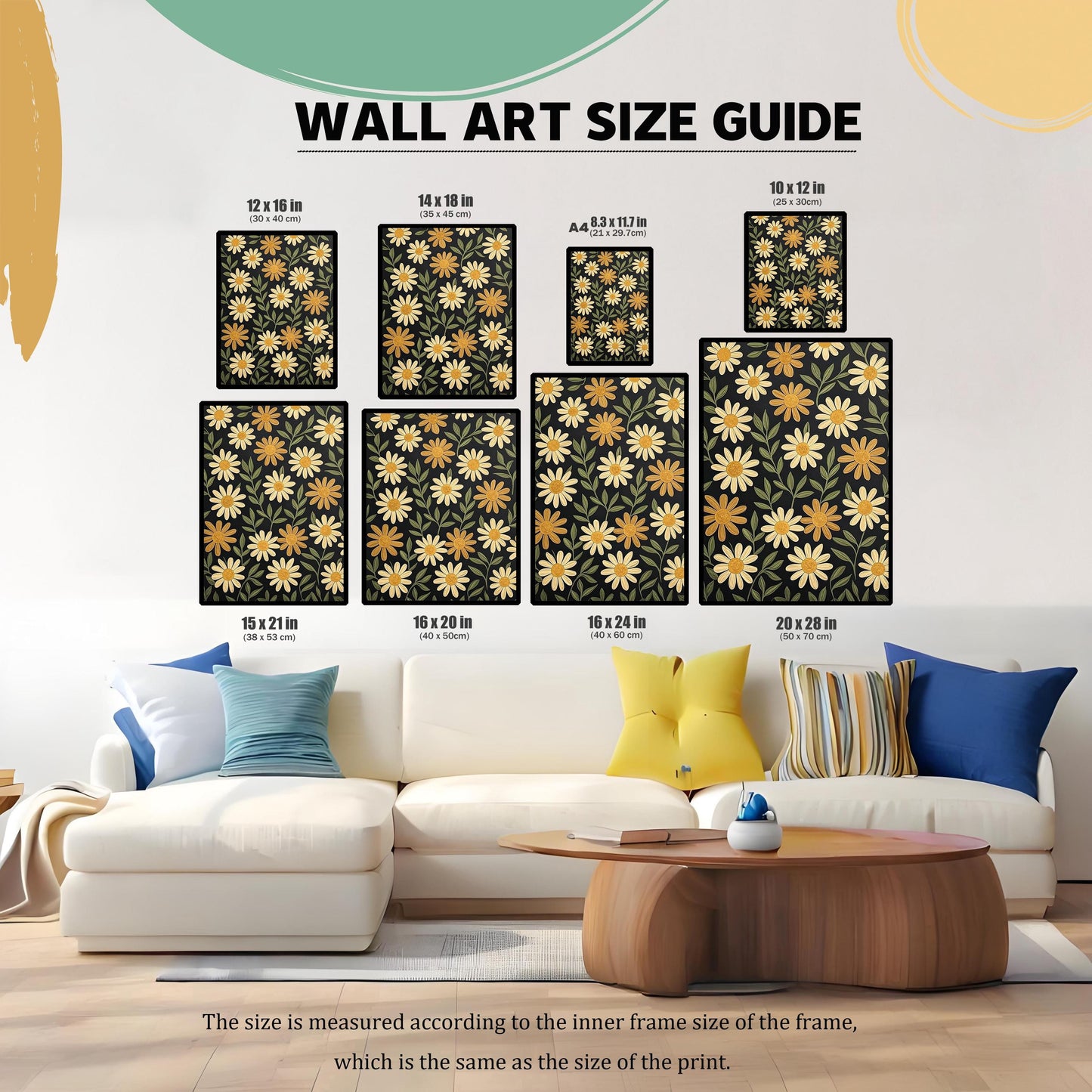 A living room with a couch and coffee table, showing multiple sizes of floral wall art arranged on the wall to demonstrate a size guide.