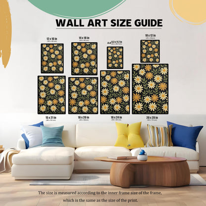 A living room with a couch and coffee table, showing multiple sizes of floral wall art arranged on the wall to demonstrate a size guide.