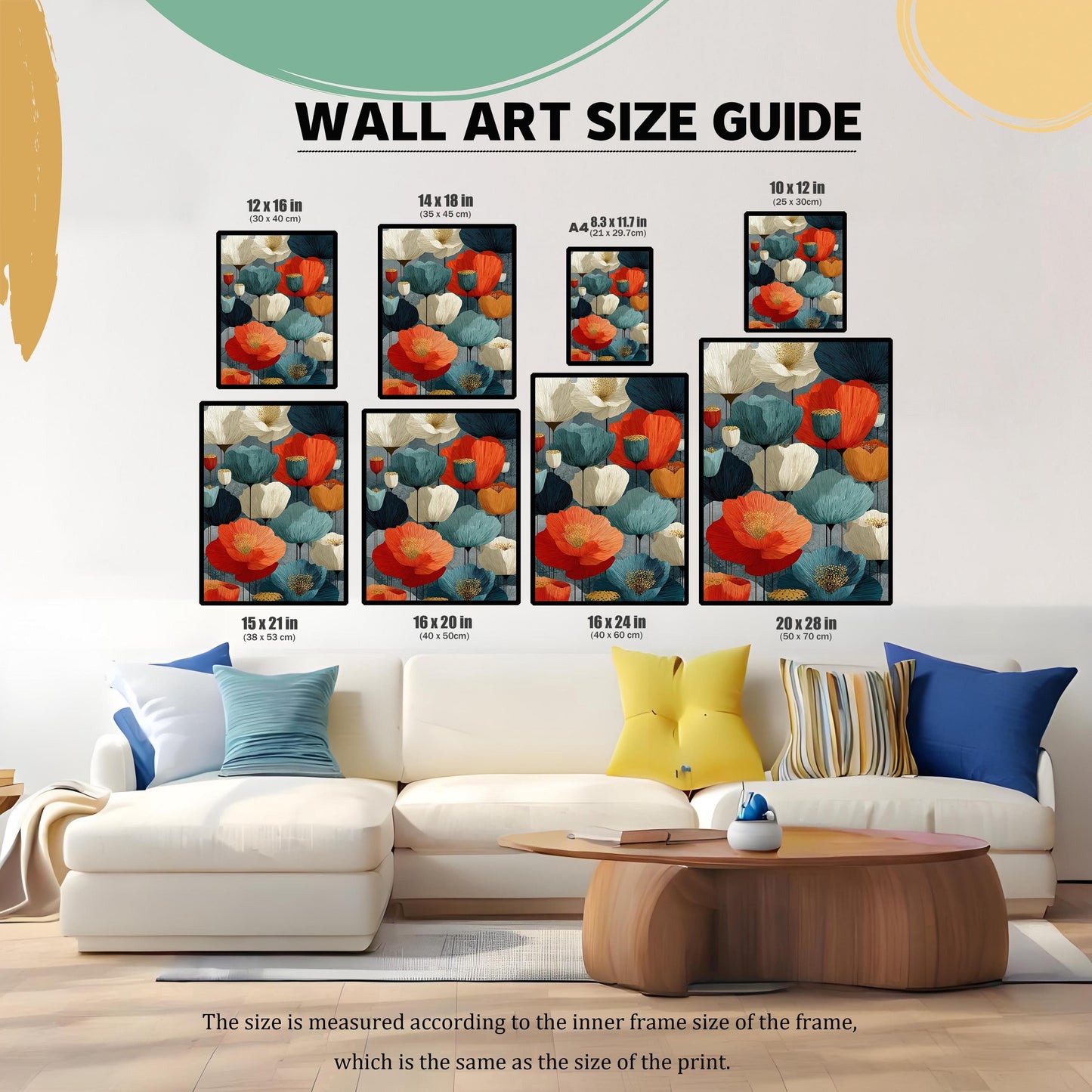 A wall art size guide showing various frame sizes, from 8.3x11.7 inches to 20x28 inches, displayed above a white couch to demonstrate different proportions in a room.