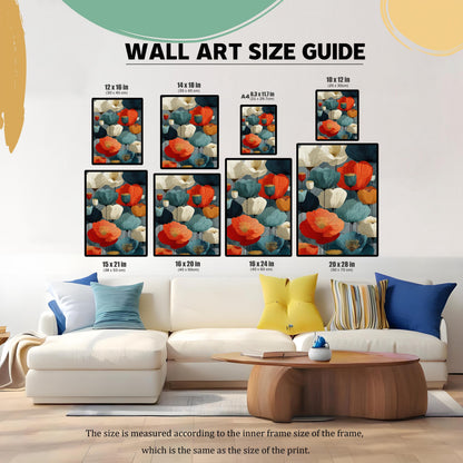 A wall art size guide showing various frame sizes, from 8.3x11.7 inches to 20x28 inches, displayed above a white couch to demonstrate different proportions in a room.