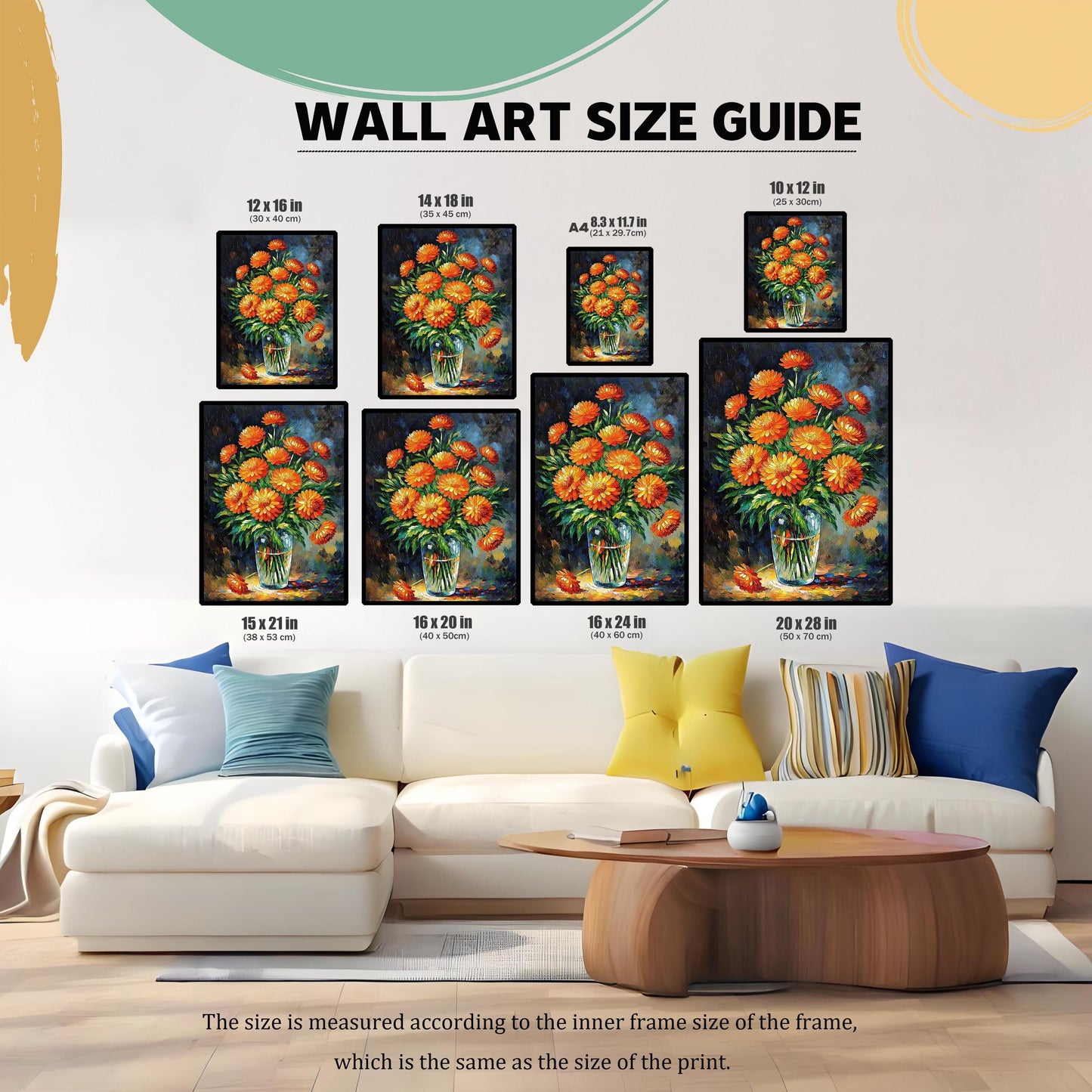 An art size guide shows a couch and the same orange floral print in eight different sizes, from 8.3 x 11.7 in to 20 x 28 in.