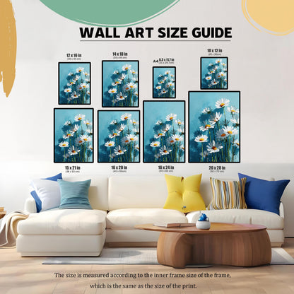 A living room with a couch and coffee table, showing multiple sizes of wall art with a daisy pattern arranged on the wall to demonstrate a size guide.