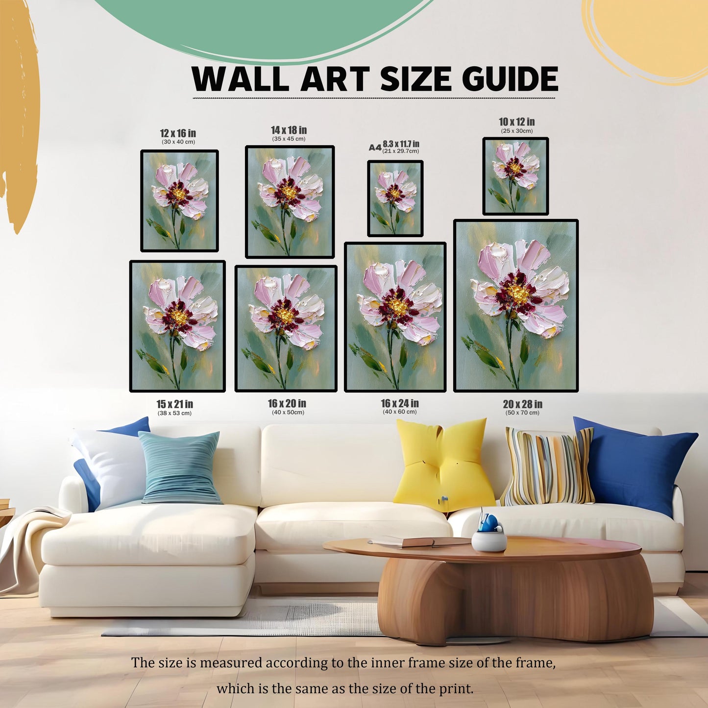 A wall art size guide displays the textured floral print in various sizes above a modern couch, helping to visualize how different dimensions would look.