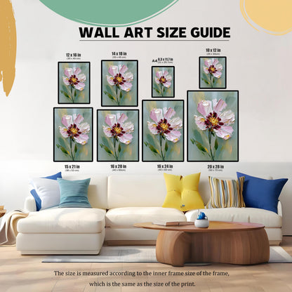 A wall art size guide displays the textured floral print in various sizes above a modern couch, helping to visualize how different dimensions would look.